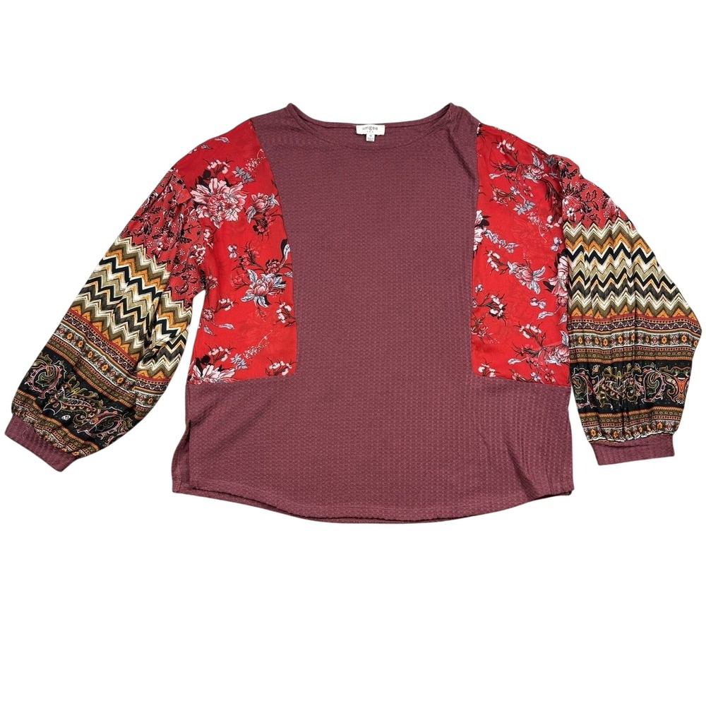 Umgee Waffle Knit Shirt Women's Medium Red Floral Bell Sleeve Boho Hippie